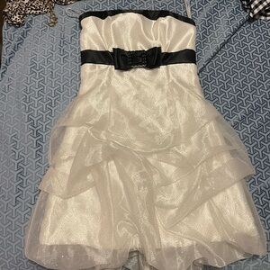 Jessica McClintock White Strapless Dress with Black Bow